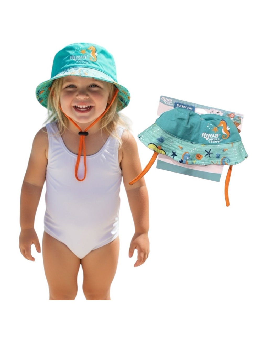 Aqua Swim School Teal Kids' Sun Bucket Hat with Orange Chin Cord